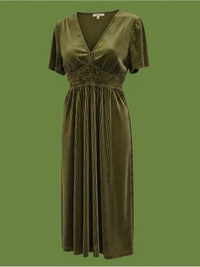 Olive Green Pleated Maxi Dress with Shirred Waist - Women